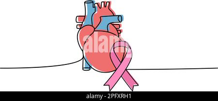 Coeur humain avec ruban une ligne de dessin continu coloré. Ruban de sensibilisation au cancer, ruban SIDA continu une ligne illustration colorée. Illustration de Vecteur