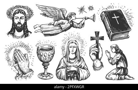 Concept de foi en Dieu, esquisse. Collection d'illustrations religieuses dessinées à la main dans un style de gravure vintage Banque D'Images