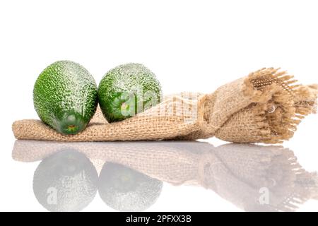 Deux ovale entier vert foncé mûr bio, avocats, tout à proximité, sur un petit sac de jute, sur un fond blanc. Banque D'Images