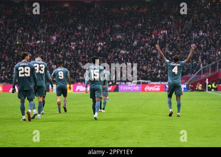 Amsterdam, pays-Bas. 19th mars 2023. Amsterdam - Santiago Gimenez de Feyenoord, David Hancko de Feyenoord, Danilo Pereira da Silva de Feyenoord, Marcos Lopez de Feyenoord, Lutspartal Geertruida de Feyenoord lors du match entre Ajax et Feyenoord à la Johan Cruyff Arena du 19 mars 2023 à Amsterdam, aux pays-Bas. Crédit : photos Box to Box/Alamy Live News Banque D'Images