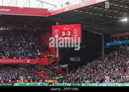 Sheffield, Royaume-Uni. 19th mars 2023. Le grand écran affiche la ligne de score lors de la coupe Emirates FA Quarter-finals Sheffield United contre Blackburn Rovers à Bramall Lane, Sheffield, Royaume-Uni, 19th mars 2023 (photo de Mark Cosgrove/News Images) à Sheffield, Royaume-Uni, le 3/19/2023. (Photo de Mark Cosgrove/News Images/Sipa USA) crédit: SIPA USA/Alay Live News Banque D'Images