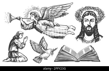 Foi en Dieu, concept de motifs bibliques, esquisse. Collection d'illustrations religieuses dans un style de gravure vintage Banque D'Images