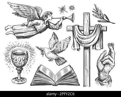 Collection d'illustrations religieuses dessinées à la main dans un style de gravure vintage. Foi en Dieu, esquisse de concept Banque D'Images