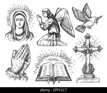 Foi en Dieu, ensemble. Ange de prière, mains dans la prière, Croix chrétienne, livre de bible, Dove de vol, Sainte Maria Banque D'Images