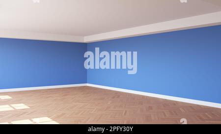 Coin de la chambre ensoleillée avec murs bleus, un plafond blanc et Cornice, parquet brillant à chevrons, et un Plinth blanc. Concept de chambre non meublée. 3D rendu, 8K Ultra HD, 7680 x 4320, 300 dpi Banque D'Images