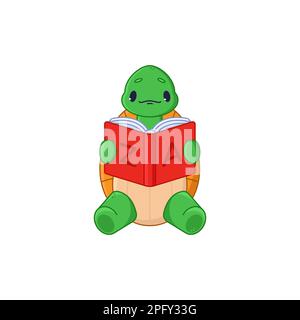 Adorable tortue dessin animé personnage lecture alphabet livre autocollant Illustration de Vecteur