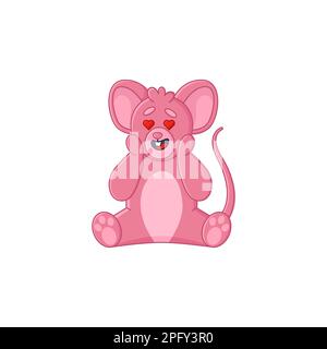 Adorable personnage de dessin animé de souris rose avec autocollant coeur yeux Illustration de Vecteur
