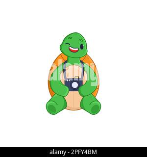 Adorable personnage de dessin animé représentant une tortue tenant un appareil photo et un autocollant de wencrage Illustration de Vecteur