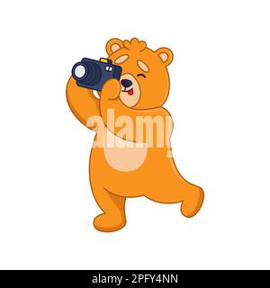 Drôle de personnage de dessin animé d'ours orange prenant des autocollants de photo Illustration de Vecteur