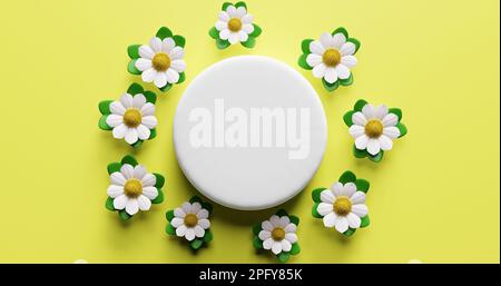 Un cercle blanc vide au centre entouré de fleurs. 3d rendu. Banque D'Images