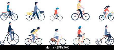 Les personnages font du vélo, des vélos différents sur la route. Les enfants et les adultes sont en éco-transport urbain moderne. Sport de vélo passe-temps, des personnages plats de l'équitation récente Illustration de Vecteur