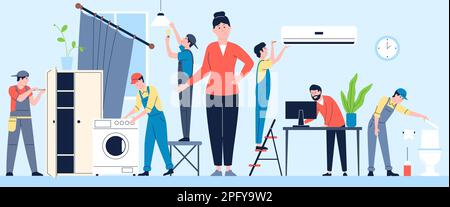 Un homme de main ou un mari pour le service de réparation de l'heure. Les hommes aident les jeunes femmes à la maison, les plombiers professionnels, les techniciens et les scènes de vecteur récent électrique Illustration de Vecteur