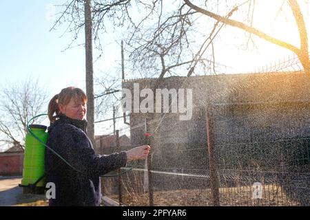 pesti de fumigation, lutte antiparasitaire. Agriculteur femme pulvérisant l'arbre avec pulvérisateur manuel de pesticides contre les insectes dans le jardin de printemps. Agriculture et jardinage. Banque D'Images