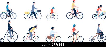 Les personnages font du vélo, des vélos différents sur la route. Les enfants et les adultes sont en éco-transport urbain moderne. Sport de vélo passe-temps, des personnages plats de l'équitation récente Illustration de Vecteur