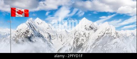 Vue panoramique aérienne du paysage des montagnes canadiennes avec drapeau national. Banque D'Images