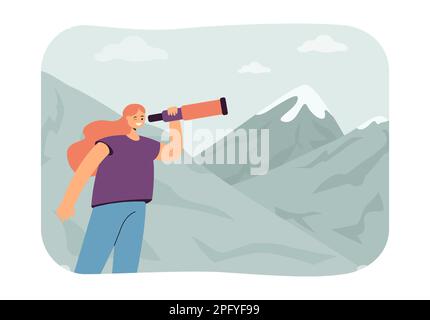 Femme avec spyglass à la recherche d'opportunités dans les montagnes Illustration de Vecteur