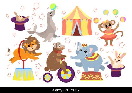 Drôle animaux de cirque faisant des tours dessin animé ensemble d'illustration Illustration de Vecteur