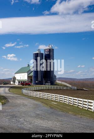 Warwick, NY - Etats-Unis - 18 mars 2023 vue verticale en hiver de la ferme laitière historique Bellvale Farms, une ferme laitière dans la région de Bellvale à Warwick, NY. Banque D'Images