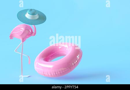 Modèle de bannière cercle gonflable rose avec espace de copie pour le texte. Concept de l'heure d'été. Anneau de plage et flamant rose en chapeau d'été. Papier peint été. 3d Banque D'Images