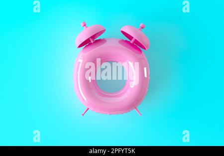 Vue de dessus de l'horloge sur fond bleu. Radio-réveil - cercle gonflable rose. Concept de l'heure d'été. Vacances à la plage, amusement d'été idée créative. 3d rendu Banque D'Images