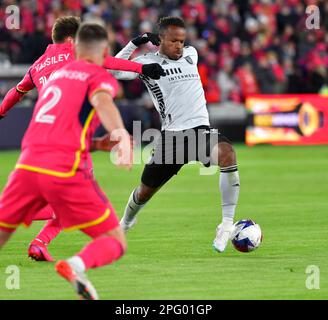 St. Louis, États-Unis. 18th mars 2023. San Jose tremblements de terre vers l'avant Jeremy Ebobisse (11) déplace le ballon comme STL City joueurs se déplacer dans. STL City a battu les tremblements de terre de San José, 3-0, dans un match de football de ligue majeure sur 18 mars 2023 à LA VILLE Park Stadium à St. Louis, Mo, États-Unis. Photo par Tim Vizer/Sipa USA crédit: SIPA USA/Alay Live News Banque D'Images