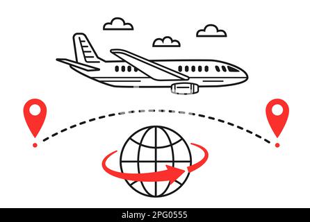 Voyage en avion international, vol en avion itinéraire touristique autour du monde, trajectoire de l'avion, icône globe terrestre. Voie de transport aérien. Position GPS. Vecteur Illustration de Vecteur