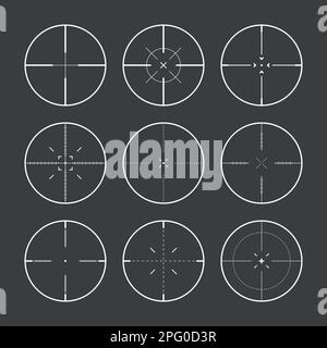 Divers points de vue de fusil de sniper, réticule d'oscilloscope optique d'arme. Viseur du canon de chasse. Symbole de marque de prise de vue, visez. Panneau de cible militaire. Interface de jeu Illustration de Vecteur