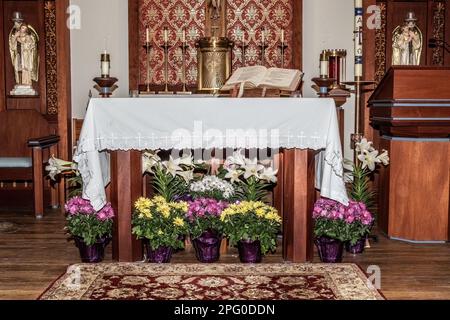 Pâques fleurit autour de l'autel à Saint Joseph's Catholic Church à Taylors Falls, Minnesota, États-Unis. Banque D'Images