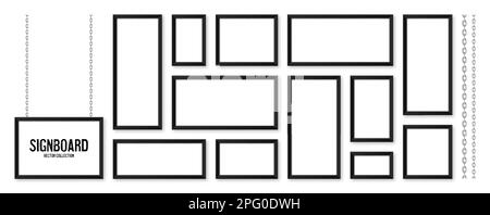 Enseignes noires accrochées à une chaîne métallique. Menu du restaurant. Maquette d'affiche moderne. Photo ou cadre photo vierge. Publicité ou présentation Illustration de Vecteur