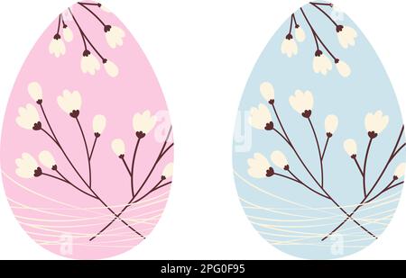 Ensemble de deux œufs de Pâques avec motif de branches de cerise enroulés avec des fils fins dans des tons doux tendance rose et bleu. Autocollant. icône. Isoler. Design pour affiche, bannière, brochures ou message d'accueil, prix Illustration de Vecteur