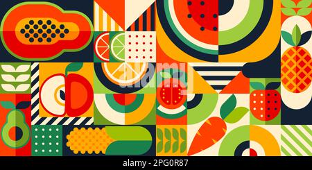 Motif Bauhaus avec fruits tropicaux. Fond vectoriel avec papaye, pastèque, pomme et avocat. Ananas, agrumes, orange avec citron vert ou citron et s. Illustration de Vecteur