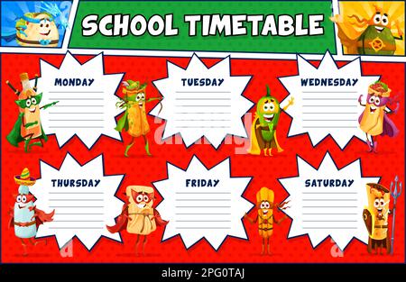 Calendrier horaire superhéros caricature mexicaine tex-mex Food personnages. Modèle de planificateur hebdomadaire de vecteur d'école d'éducation avec tequila, pulque, burrito an Illustration de Vecteur