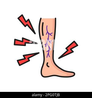 Enflure douleur dans les jambes, varices contour icône. Vecteur pression artérielle anormale, valves faibles, tonnerre comme signe de douleurs. Diagnostic de maladie vasculaire an Illustration de Vecteur