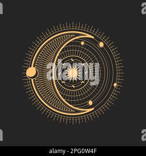 Symboles occulte ésotériques du croissant et de la lune, tarot magique ou signe d'astronomie. Phases de lune et solaire avec rayons rayonnants en cercle. Vecteur spirituel magique Illustration de Vecteur