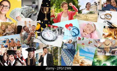 Conception du panneau de vision. Collage avec différentes photos représentant des rêves Banque D'Images