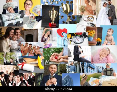 Conception du panneau de vision. Collage avec différentes photos représentant des rêves Banque D'Images