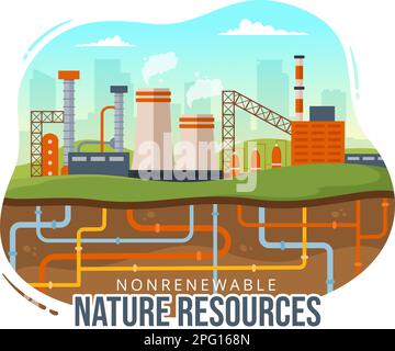 Illustration des sources d'énergie non renouvelables avec les carburants nucléaires, pétroliers, pétroliers, de gaz naturel ou de charbon en modèles tirés à la main Illustration de Vecteur