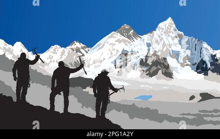 Mont Everest et Nuptse du côté népalais comme vu de Kala Patthar pic avec silhouette noire de trois grimpeurs avec glace hache en main, vecteur illustrae Illustration de Vecteur