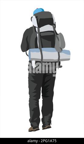 randonneur avec un grand sac à dos sur son dos isolé sur fond blanc, logo d'illustration vectorielle Illustration de Vecteur