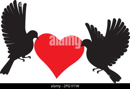 Silhouettes Doves portant un coeur rouge isolé sur fond blanc, vecteur. Couple colombe amoureux. Design minimaliste. Illustration de Vecteur