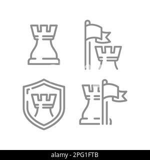 Pièce de roi d'échecs, drapeau et icône de bouclier. Icônes vectorielles de ligne de concept protégées, protégées et sécurisées. Illustration de Vecteur