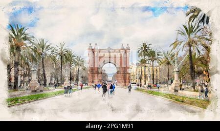 L'Arc de Triomf ou Arco de Triunfo à Barcelone, Espagne dans l'illustration de style aquarelle Banque D'Images