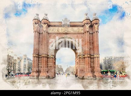 L'Arc de Triomf ou Arco de Triunfo à Barcelone, Espagne dans l'illustration de style aquarelle Banque D'Images