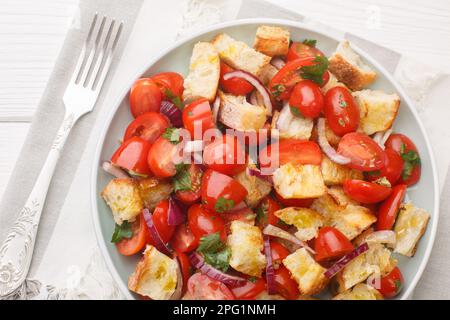 La salade de pain Acquasala se compose de tomates mûres fraîches et de pain rassis qui sont trempés dans l'huile d'olive, jus de tomate, et souvent le vinaigre de gros plan sur la pl Banque D'Images