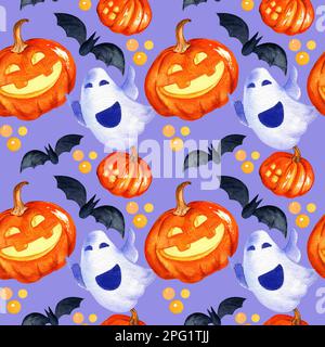 motif halloween, motif aquarelle sans couture avec chauve-souris, citrouille, fantôme, croquis dessiné à la main sur fond violet Banque D'Images