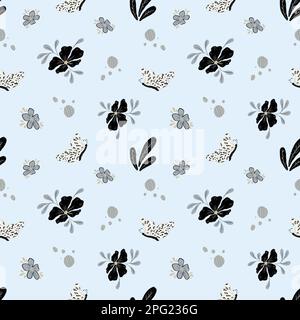 Motif fleuri sans couture dans des couleurs monochromes. Dessin à la main d'insectes et de fleurs, de papillons. Design pour cadeaux, textiles, papier peint. Banque D'Images