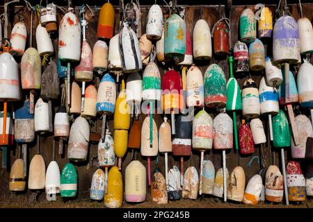 Bouées sur le mur dans le Maine. Banque D'Images