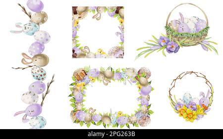 Watercolor hand drawn Easter celebration clipart. Set of frames, compositions with eggs, bunnies, flowers Pastel. Isolated on white background. For Banque D'Images