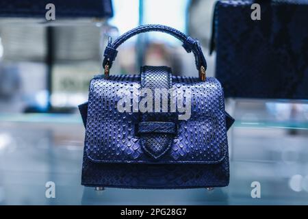 Sac à main python en cuir bleu pour femmes sur un support dans un magasin Banque D'Images