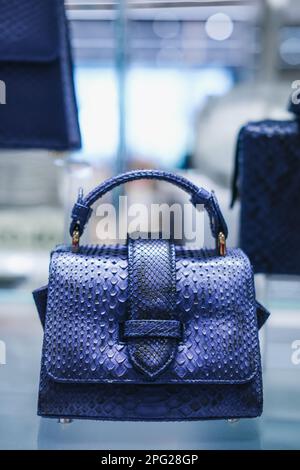 Sac à main python en cuir bleu pour femmes sur un support dans un magasin Banque D'Images